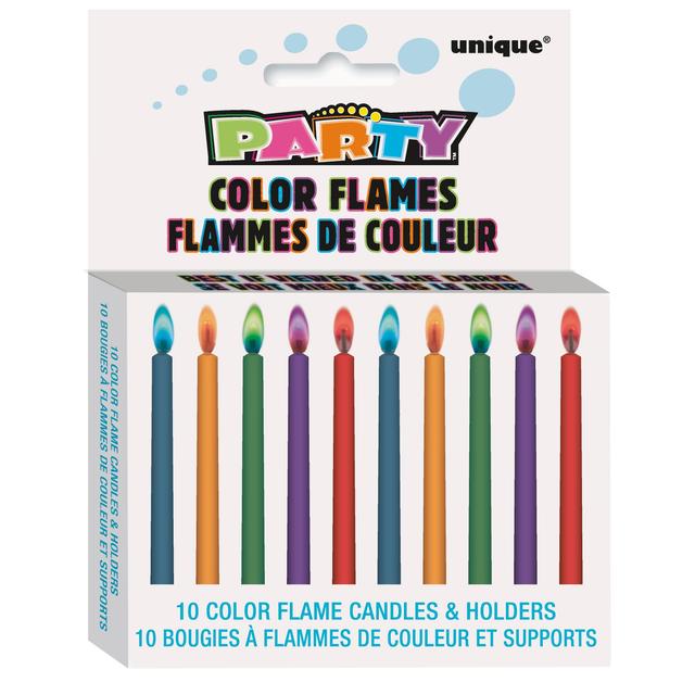 Colour Flame Birthday Candles With Holders 10 per pack